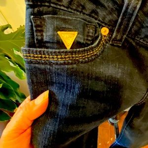 Guess Premium Size 26 dark denim jeans with gold stitching and details